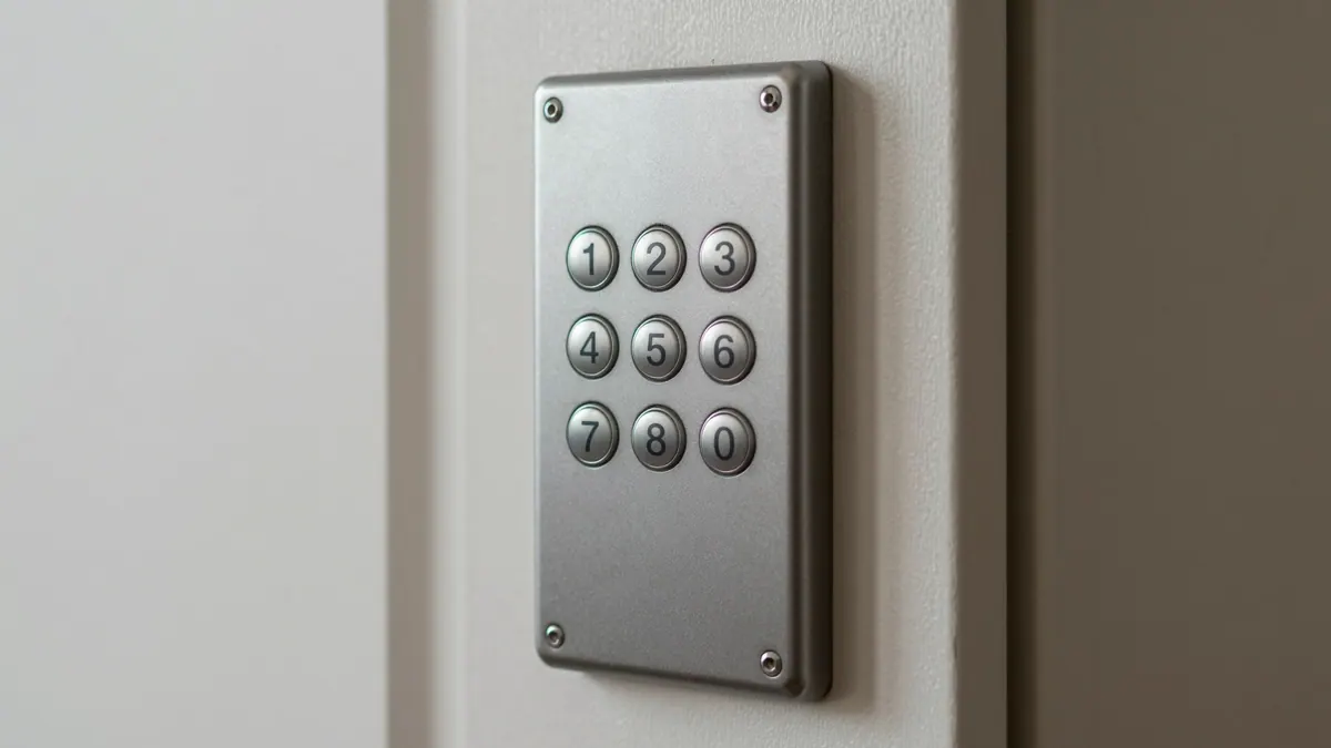 Codetastatur aus Metall an einer hellen Wand