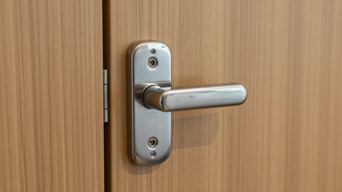 Türdrücker mit ovalem Langschild auf einer Holztür