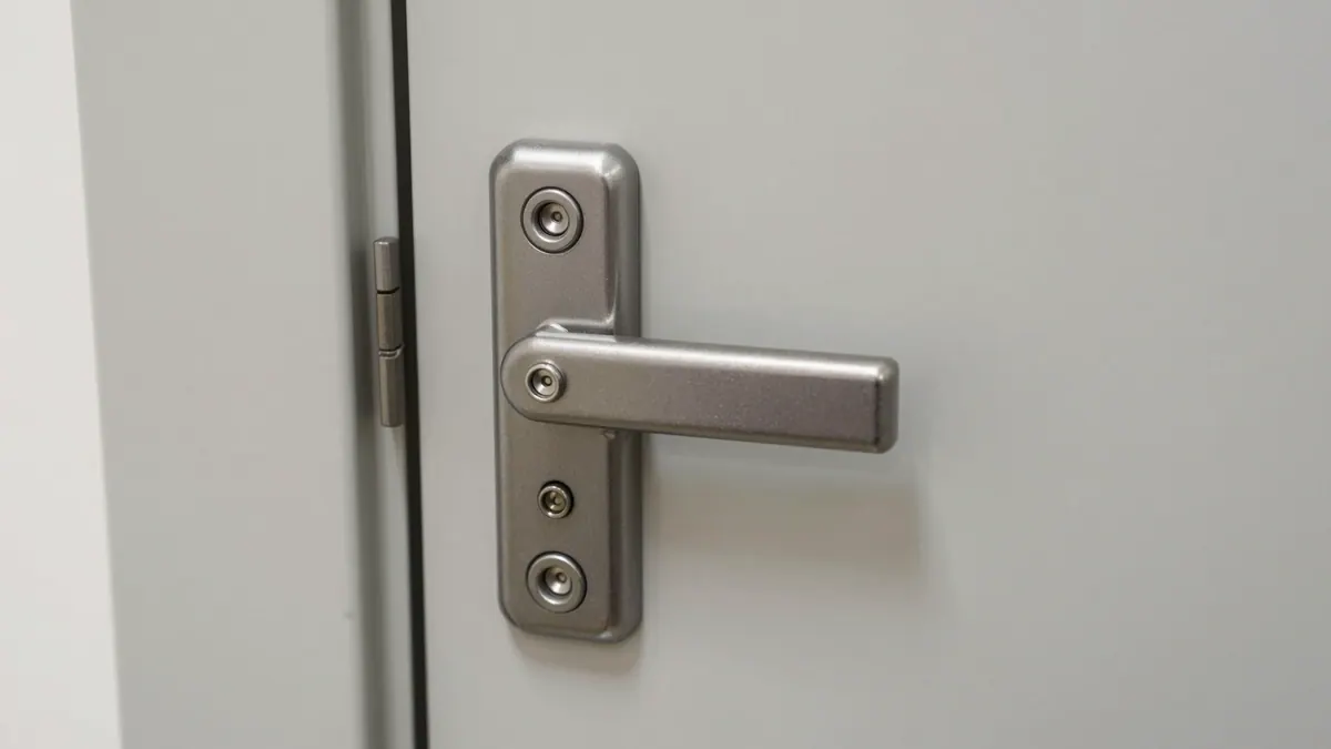 Türdrücker mit Langschild auf einer hellen Metalltür