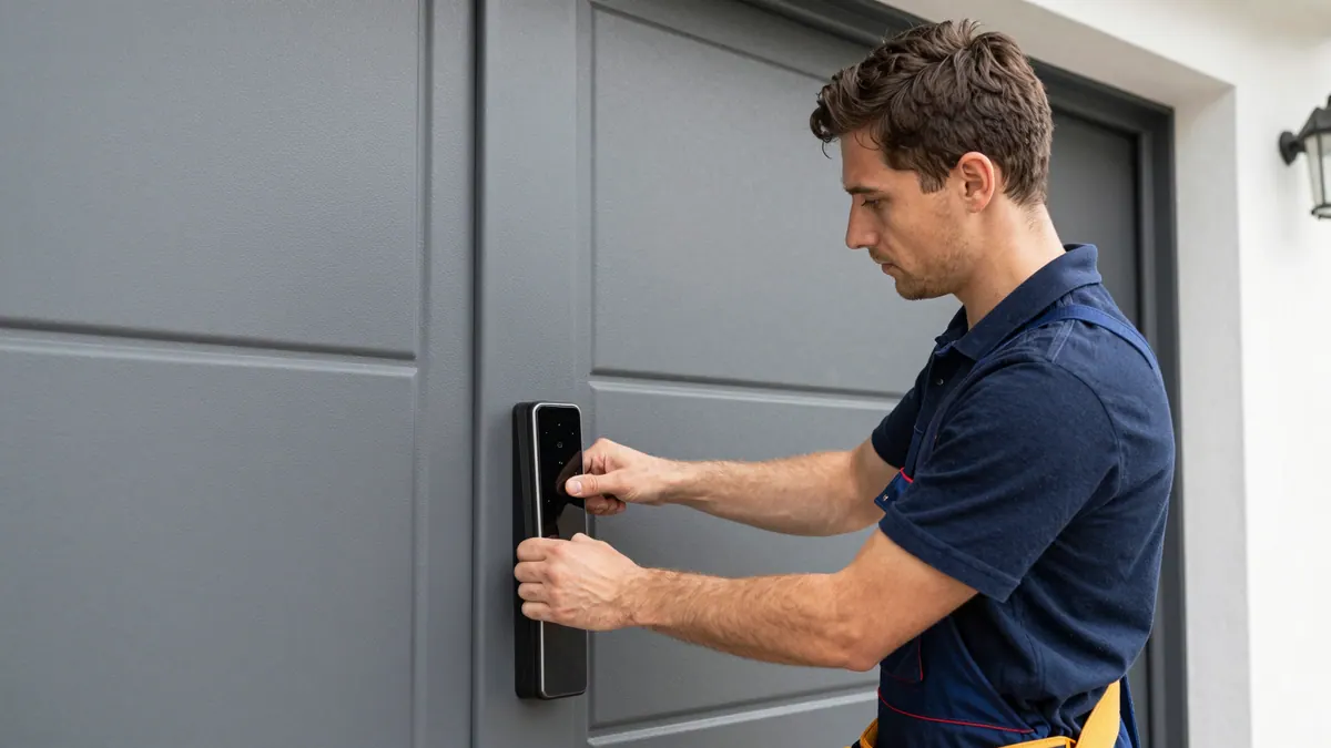 Monteur prüft ein elektronisches Türschloss an einer grauen Objekttür