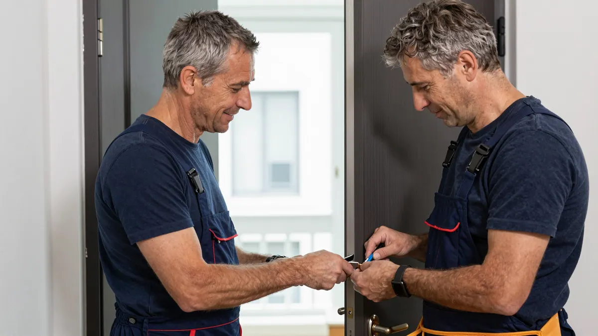 Monteur arbeitet am Beschlag einer Fenstertür vor hellem Fenster