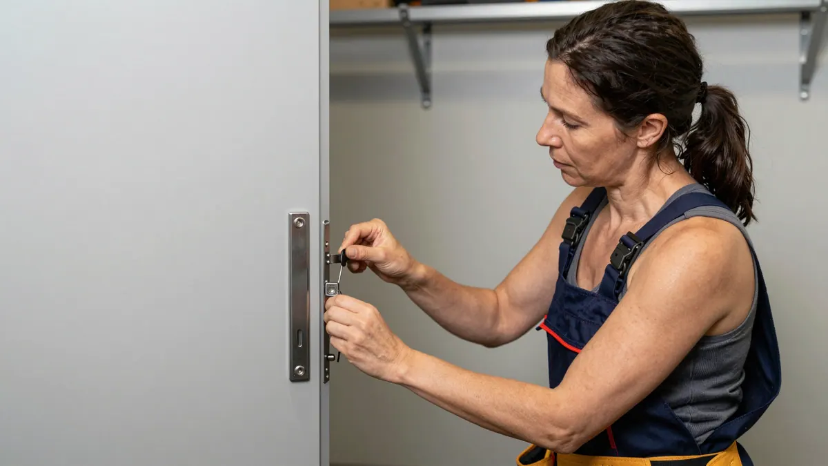 Monteurin setzt ein Werkzeug an einem schmalen Langschild an