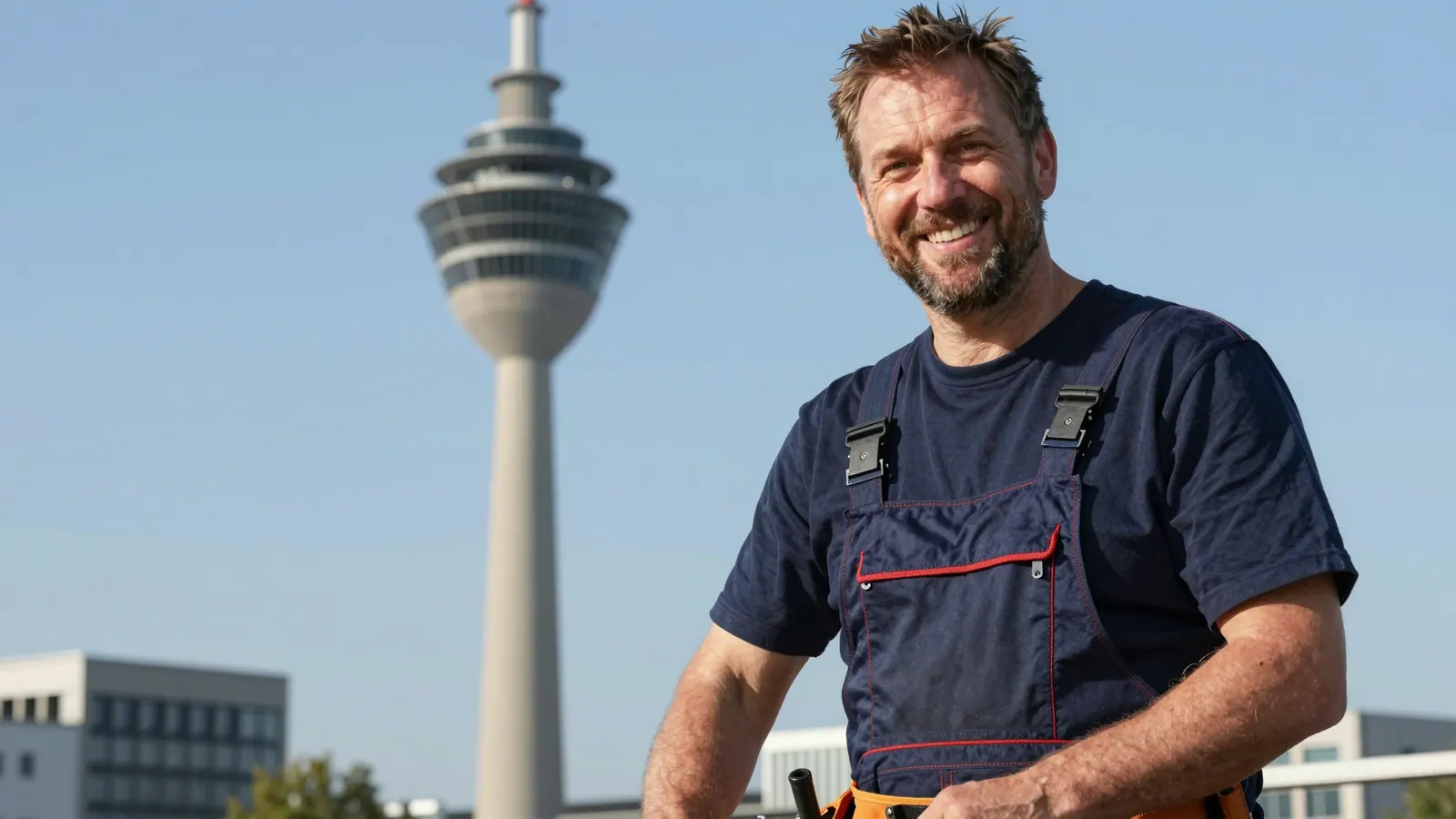 Monteur in Arbeitskleidung, im Hintergrund der Rheinturm in Düsseldorf