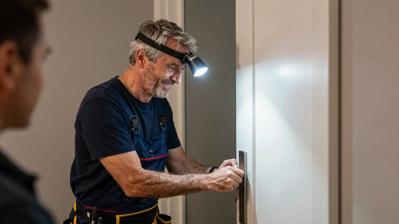 Monteur mit Stirnlampe arbeitet bei Dunkelheit am Schloss einer Tür