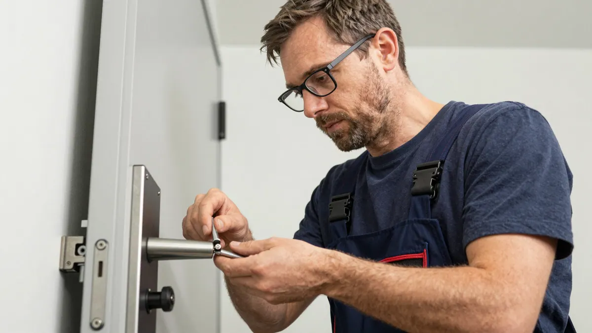 Monteur mit Brille arbeitet am Stoßgriff einer Objekttür