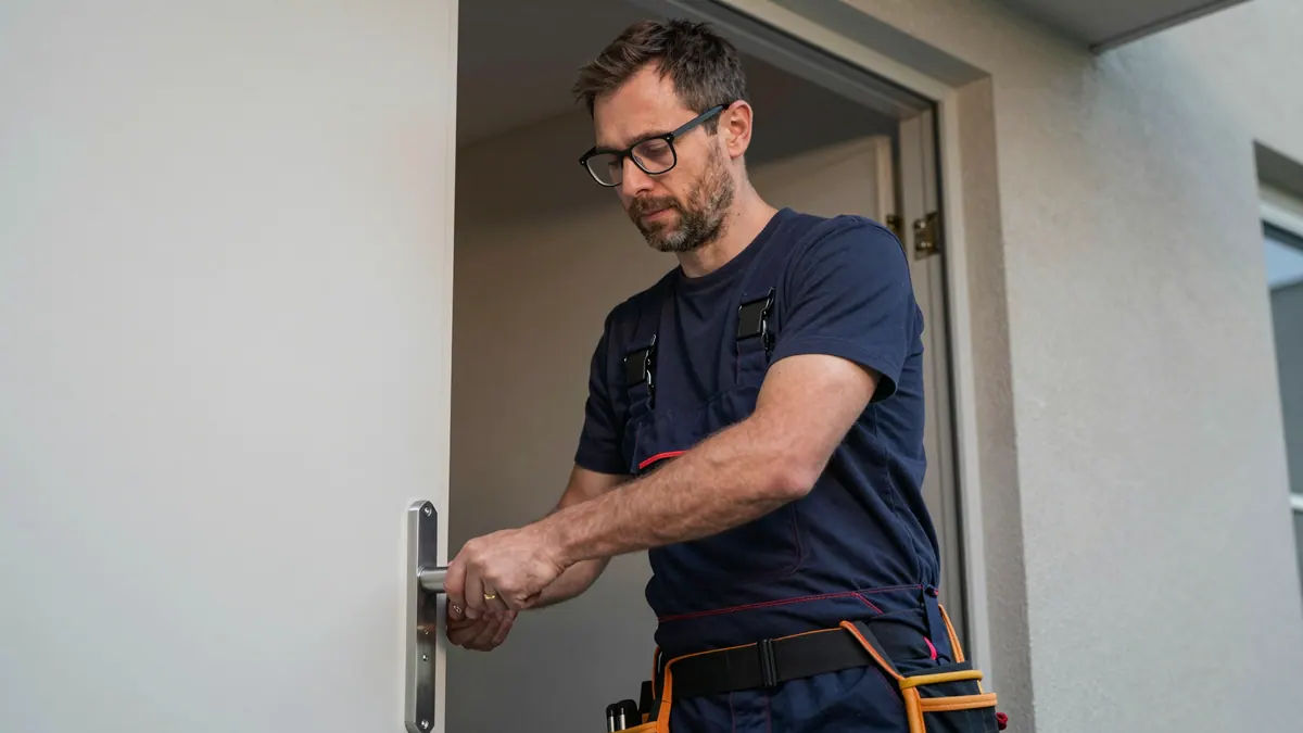 Monteur mit Brille arbeitet am Griff einer Eingangstür