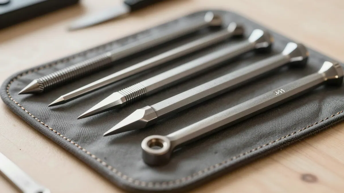 Satz schmaler Metallwerkzeuge in einer aufgeklappten Ledertasche