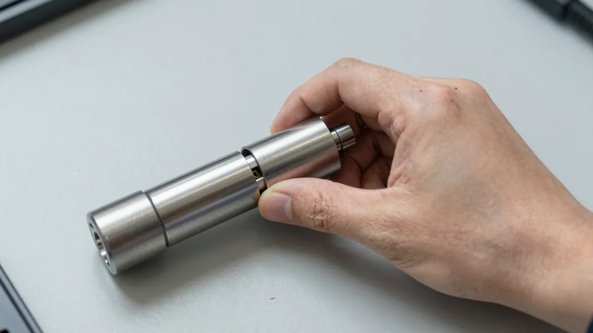 Hand hält einen langen Schließzylinder aus Metall