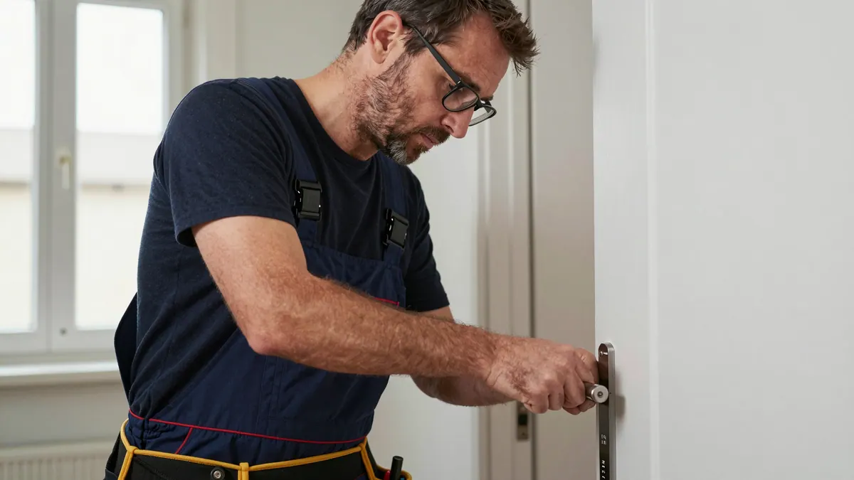 Monteur mit Brille arbeitet konzentriert an einem Türbeschlag